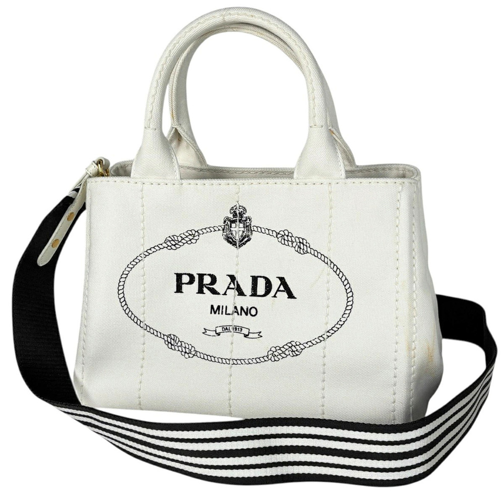Prada Canapa Tote Bag Shoulder Handbag Canvas White